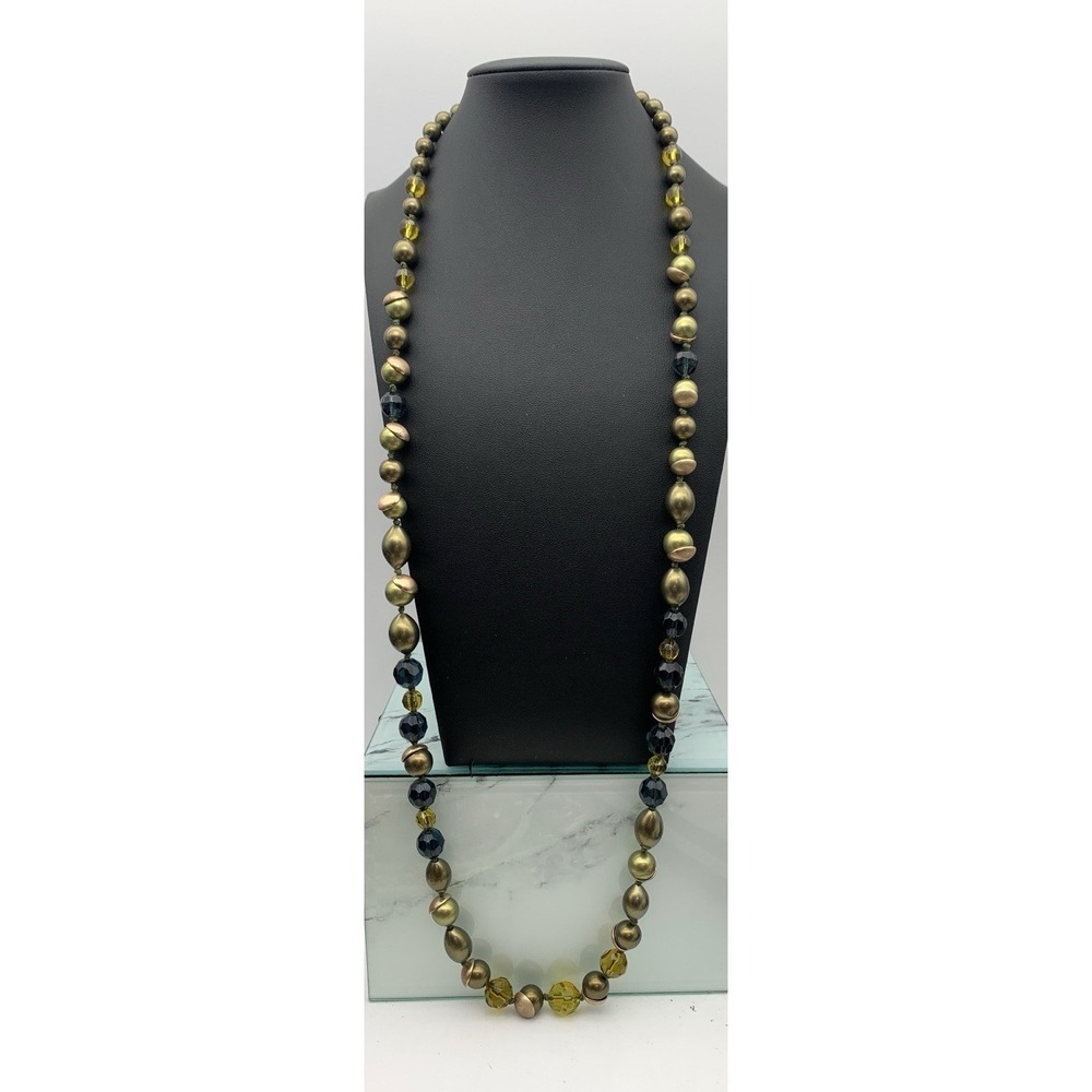 Vintage Monet Hand Knotted Matte Gold Tone Green Glass Bead Necklace Blue Accent